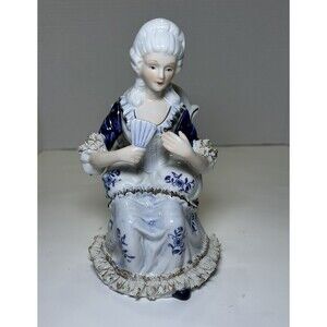 Vintage Victorian/Colonial Porcelain Lady In Chair With Fan White/Blue Decor